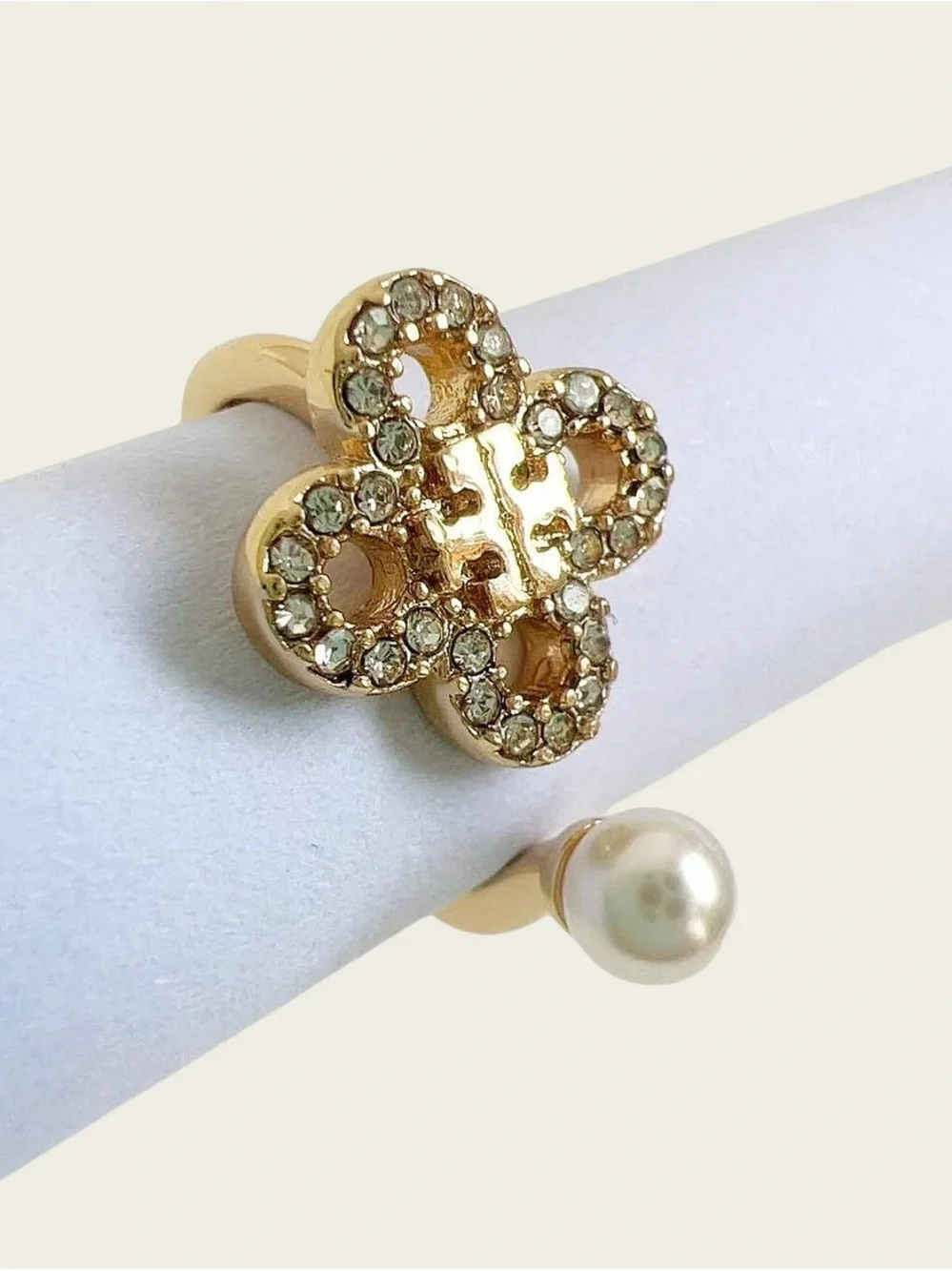 Tory Burch Gold Open Ring with Crystal Flower and Pearl